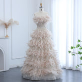 Feathers Princess Ball Gown Cream Evening Dress